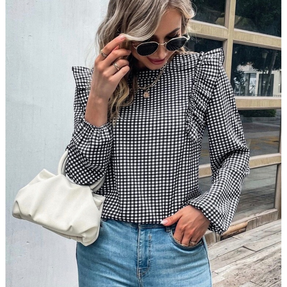 Gingham Ruffle Puff Sleeve Top Women's Small Preppy Classic Work Church Casual